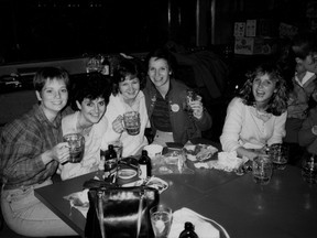 UBC nursing students in the Pit Pub in 1985. From L-R: Julie Duhame, Donna Gambino-Trasolini, Kris Cholyk-Gustavson, Margaret Caswell, Deirdre Hay, Johanne Hardie.