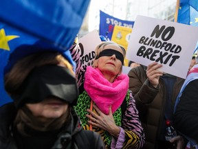 Anti-Brexit protesters demonstrate outside the Houses of Parliament on February 14, 2019 in London, England.