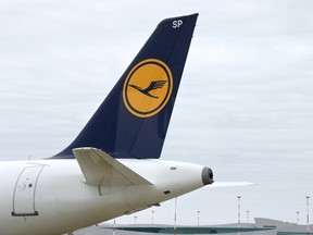 A picture shows a plane of German airline company Lufthansa, at Rome's Fiumicino airport on April 28, 2017.