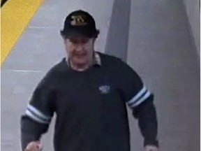 Transit Police were seeking this man who allegedly made crude remarks to a 7-year-old girl onboard a SkyTrain on Saturday, Feb. 2, 2019 before touching her on the bottom. This surveillance image was released by Transit Police in a public appeal for information.