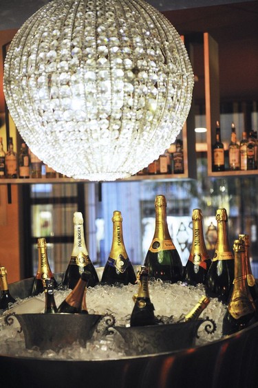 Champagne display inside the bar at Hotel de la Paix, Reims.