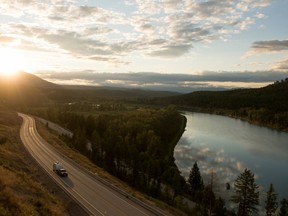 Driving along Highway 3 next to the Kootenay River.