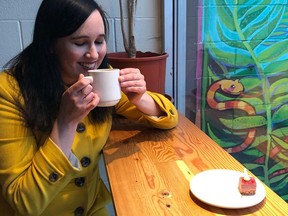 Jenny Andersen sips a raspberry hot chocolate at Eternal Abundance, the 29th and final vendor at this year's Vancouver Hot Chocolate Festival.