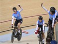 Georgia Simmerling (far left) and her teammates celebrate after finishing their women’s team pursuit final in track cycling at the 2016 Summer Olympics in Rio de Janeiro, Brazil in August 2016. The Canadian quartet was awarded with a bronze medal.