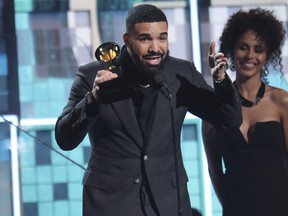 Drake accepts the award for best rap song for "God's Plan" at the 61st annual Grammy Awards on Sunday, Feb. 10, 2019, in Los Angeles.