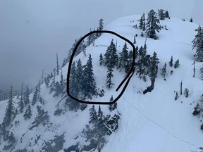 North Shore Search and Rescue are trying to locate a hiker who may have been buried in this small avalanche on Feb. 18, 2019, near Mount Seymour.