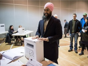 NDP Leader Jagmeet Singh smiles after casting his ballot for the federal byelection in Burnaby South at an advance poll, in Burnaby, B.C., on Friday February 15, 2019.