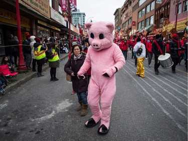 A person in a pig costume participates in the Chinese New Year Parade in Vancouver on Sunday, Feb. 10, 2019. More than 3,000 people participated in the parade according to organizers and more than 100,000 spectators were expected to line the parade route.