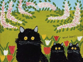 The Maud Lewis painting "Three Black Cats," is shown in a handout photo. Nova Scotians will honour folk artist Lewis this week, whose colourful, lively paintings of rural life gained her national and international recognition towards the end of her life and after her death. THE CANADIAN PRESS/HO- Consignor Canadian Fine Art MANDATORY CREDIT