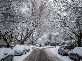 Snow clings to tree branches as a woman crosses a street in Vancouver, on Tuesday, February 12, 2019. Residents of Vancouver and parts of Vancouver Island are bracing for another wintry blast with Environment Canada calling for snow accumulations of between five and 15 centimetres. Snowfall warnings have been issued for parts of eastern Vancouver Island, the Sunshine Coast, Metro Vancouver and the Fraser Valley.