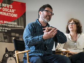 Oscar nominees David Fine and Alison Snowden talk to a reporter at the National Film Board in downtown Vancouver last month.