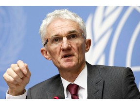 Mark Lowcock, UN Under-Secretary-General for Humanitarian Affairs and Emergency Relief Coordinator, speaks during a press conference at the European headquarters of the United Nations in Geneva, Switzerland on December 4, 2018. Canada is a trailblazer when it comes to assisting women in humanitarian crises around the world, but far more needs to be done to improve outcomes for women and girls in conflict zones, says the United Nations Under-Secretary-General for Humanitarian Affairs. Mark Lowcock, who also serves as the emergency relief co-ordinator for the humanitarian affairs office of the UN, delivered remarks in Ottawa on Friday as part of a panel discussion delving into the growing need for a more gender-responsive approach to humanitarian emergencies.