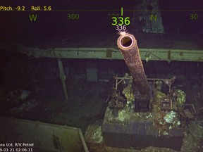 This gun was found in the wreckage of the USS Hornet. The America aircraft carrier played an important role in two battles in the Second World War.