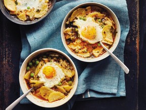 Oven-poached eggs crown Gilroy Garlic and Potato Soup, named for the Northern California town that fancies itself the garlic capital of the world.