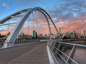The Walterdale Bridge crosses the North Saskatchewan River in Edmonton, leading to an exciting collection of restaurants, markets and bakeries.
