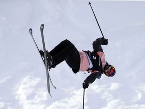 Cassie Sharpe, of Canada, competes during the qualifications for women's halfpipe skiing world championship Thursday, Feb. 7, 2019, in Park City, Utah.