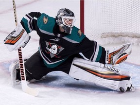 FILE PHOTO: Anaheim Ducks goaltender Chad Johnson makes a kick save earlier this month.