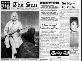 Front page of The Vancouver Sun on Feb. 8, 1960, featuring a photo of Ivy Powell and her dog guarding her land, The cutline reads: ‘Hell hath no fury like a woman scorned by Department of Highways. Mrs. Ivy Powell will use shotgun and dog to guard her land expropriated for Port Mann road.’