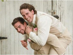 Jeremy Waldenberger-Bulmer, left, and his twin brother Daniel, photographed at Jeremy's wedding on Aug. 29, 2015. Daniel was one of three Calgary-based CP Rail workers killed when a train derailed near Field, B.C., on Monday, Feb. 5., 2019.