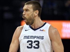 Memphis Grizzlies center Marc Gasol (33) reacts after scoring in the first half of an NBA basketball game against the Denver Nuggets Monday, Jan. 28, 2019, in Memphis, Tenn.