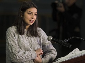 Noor Samiei, a survivor of the Danforth Avenue shooting in 2018, remembers her good friend Reese Fallon, during their first public statement as a group at Danforth Music Hall in Toronto on Friday, February 22, 2019.