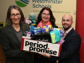 Selina Tribe and Janet Andrews of New West District Labour Council and Neal Adolph of United Way of the Lower Mainland appeared before the New Westminster school board Tuesday to advocate for free sanitary pads and tampons in New Westminster schools. The school board voted supply free menstrual products in school bathrooms.