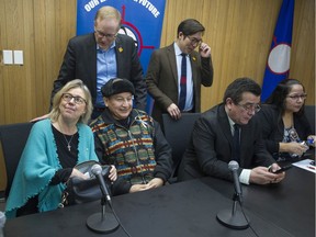 Environmental groups and intervenors warn of further legal action after the National Energy Board gave its approval Friday, Feb. 22, 2019 to the controversial Trans-Mountain pipeline expansion project. Pictured, from left to right: Green Party of Canada party leader Elizabeth May, New Westminster-Burnaby NDP MP Peter Julian (standing), Union of BC Chiefs president Grand Chief Stewart Phillip, West Coast Environmental Law association lawyer Eugene Kung (standing), UBCC vice-president Bob Chamberlain and UBCC secretary treasurer Judy Wilson at a press conference Friday in Vancouver to discuss what comes next in the opposition to the  pipeline.