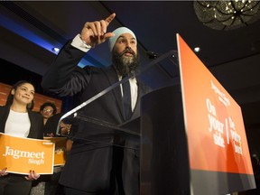 Burnaby, BC: FEBRUARY 25, 2019 -- NDP leader Jagmeet Singh greets supporters after winning the Burnaby South by-election  Monday evening, February 25, 2019 at the Hilton Metrotown in Burnaby, BC.