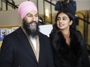 NDP Leader and Burnaby South candidate Jagmeet Singh and his wife Gurkiran Kaur get ready to cast their early votes for the upcoming byelection on Friday — the first of four days of advance voting — Feb. 15.