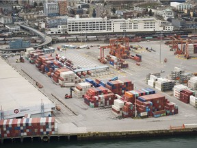 Aerial view of containers at Port Metro Vancouver Friday, March 11, 2016.