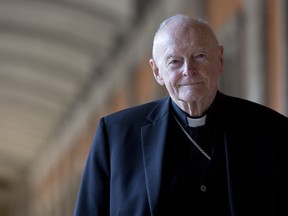 FILE - In this Feb. 13, 2013 file photo, Cardinal Theodore Edgar McCarrick poses during an interview with the Associated Press, in Rome. On Saturday, Feb. 16, 2019 the Vatican announced Pope Francis defrocked former U.S. Cardinal Theodore McCarrick after Vatican officials found him guilty of soliciting for sex while hearing Confession.