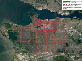 What $7 billion buys in modern surface tram at $50 million per km, rather than only the Broadway subway from VCC to UBC. For illustrative purposes only. Illustration by Kathryn Mandell. (UBC Prof. Patrick Condon)