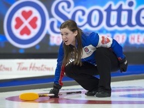 British Columbia skip Sarah Wark calls the sweep as they play Manitoba in tiebreaker action at the Scotties Tournament of Hearts at Centre 200 in Sydney, N.S. on Thursday, Feb. 21, 2019. British Columbia won 8-5 and advance to the championship pool. THE CANADIAN PRESS/Andrew Vaughan