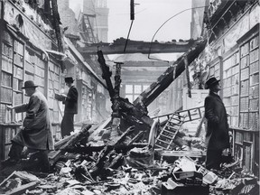 The Library of Holland House Library, Kensington, London, after air raid, 1940. Photographer unknown. It's in A Handful of Dust: From the Cosmic to the Domestic at The Polygon Gallery to April 28.
