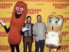 Actor Paul Rudd and writer Seth Rogen attend the premiere of 'Sausage Party' at the Sunshine Landmark on Aug. 4, 2016, in New York.