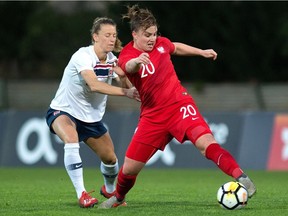 Norway's midfielder Synne Skinnes Hansen (L) vies with Poland's Julia Matuschewski during the Algarve Cup final football match between Poland and Norway at the Estadio Municipal da Bela Vista in Parchal on March 6, 2019.