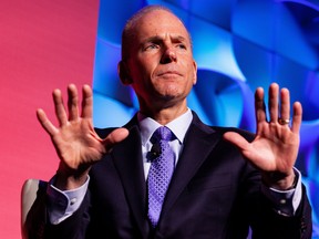 Dennis Muilenburg, president and chief executive officer of the Boeing Co., speaks during the U.S. Chamber of Commerce Aviation Summit in Washington, on March 7.