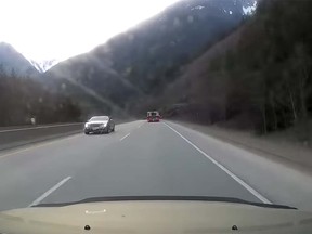 Footage of a stolen Bentley travelling the wrong way on the Coquihalla Highway.