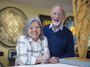 Musqueam artist Susan Point and author Robert Watt at Point's studio. Watt has written a book detailing her work called People Among the People: The public art of Susan Point.