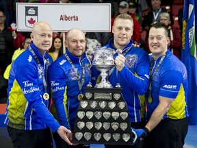 Team Alberta skip Kevin Koe (left to right), third B.J. Neufeld, second Colton Flasch and lead Ben Hebert hold the Brier tankard after beating Team Wild Card at the Brier in Brandon, Man., on March 10, 2019. Much has changed since Ben Hebert made his world men's curling championship debut over a decade ago. At that time, the national playdowns were more challenging than the world championships. Canada was always a good bet to win international events and a strong favourite to at least be on the podium.
