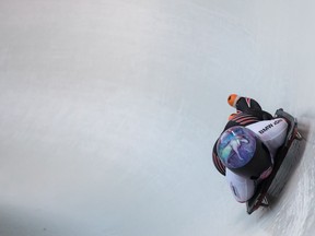 Canada's Mirela Rahneva, of Ottawa, Ont., races down the track during the women's skeleton portion of the team competition at the Bobsleigh and Skeleton World Championships in Whistler, B.C., on Sunday, March 3, 2019.