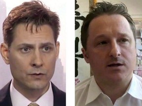Michael Kovrig (left) and Michael Spavor, the two Canadians detained in China, are shown in these 2018 images taken from video. China's state news agency says two Canadians detained on suspicion of harming national security acted together to steal state secrets.