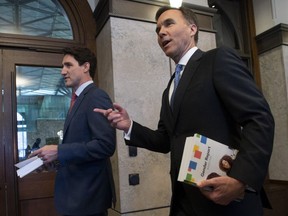 Prime Minister Justin Trudeau (left) and Finance Minister Bill Morneau walk to the House of Commons in Ottawa on Tuesday.