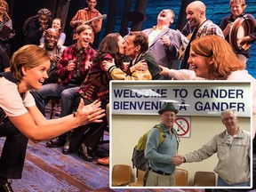The first North American tour company of "Come From Away" is pictured alongside an inset photo of Kevin Tuerff (left) and Mac Moss reuniting in Gander, N.L. in 2011.