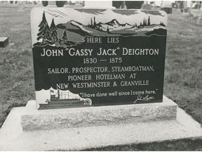 Sept. 30, 1972. Gassy Jack Deighton's tombstone in New West's Fraser Cemetery. For a John Mackie story. [PNG Merlin Archive]