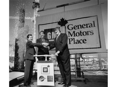 Arthur Griffiths, GM Canada President George Peapples, Pat Quinn (l-r) 94-2009. Photo by Mark Van Manen, Vancouver Sun, March 29, 1994. Ran March 30, 1994 D-8. [PNG Merlin Archive]
