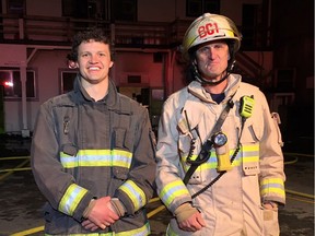 Father and son firefighters, Battalion Chief Dale Parno, 57 (from Number One Hall) and son Matt, 29, (Number 3 hall) outside Eat Your Cake at 1443 West Broadway after fire was contained. Photo courtesy of Sheldon Young, Vancouver Fire and Rescue