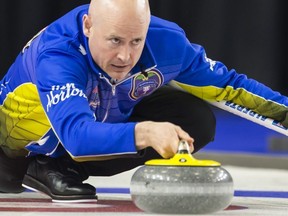 Team Alberta skip Kevin Koe makes a shot during the final draw against Team Wild Card at the Brier in Brandon, Man. March 10, 2019.