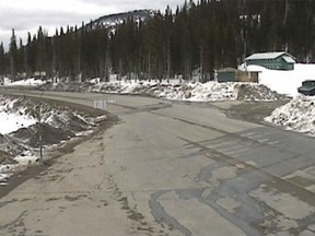 Drive B.C. highway camera at the Kootenay Pass on Thursday afternoon, which was shut due to a tanker truck crash and fuel spill Wednesday night.