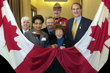 Order of Canada recipients (from left): Sister Mary Alice Danaher, Indira Samarasekera, Sven Johansson, May Brown, RCMP constable Bob Underhill and George Hungerford.